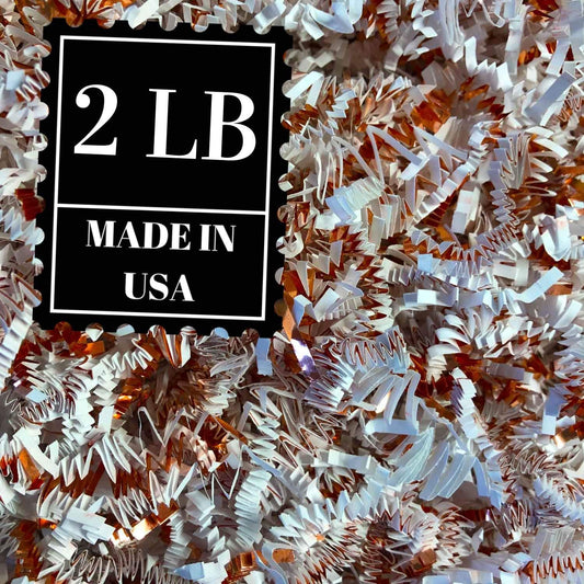 Crinkle Cut Paper Shred Filler for Packing and Filling Gift Baskets (2 LB) White and Rose Gold