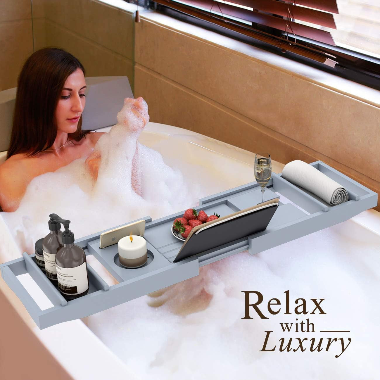 Bathtub Caddy Tray Expandable Bamboo Tub Tray for Luxury Bath with Book Holder and Free Soap Dish (Gray, 29.4"-44.2"X 9.1"X1.65")